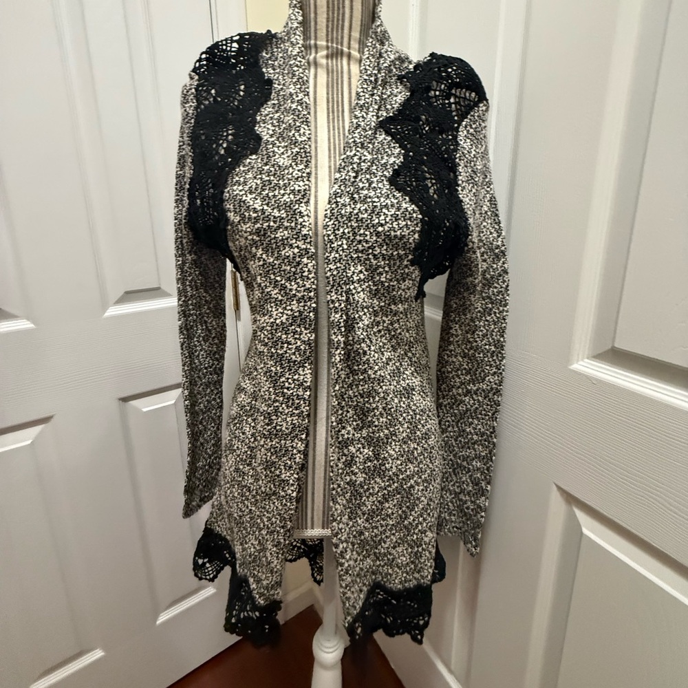 Women's Black and Gray Marled Crochet Details Open Cardigan Sweater The Buckle